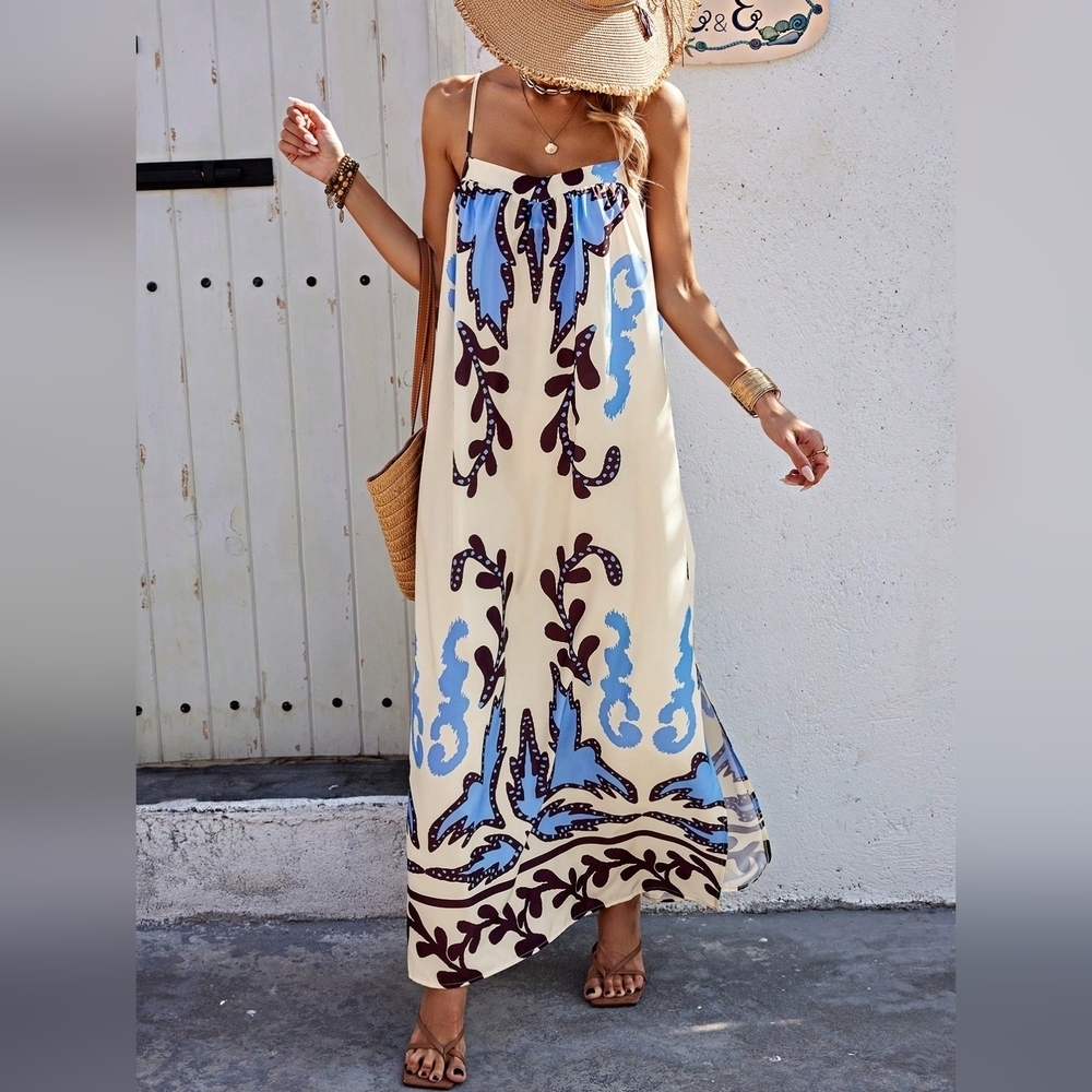 Women's Random Floral Print Summer Strappy Dress - Picture 5 of 6